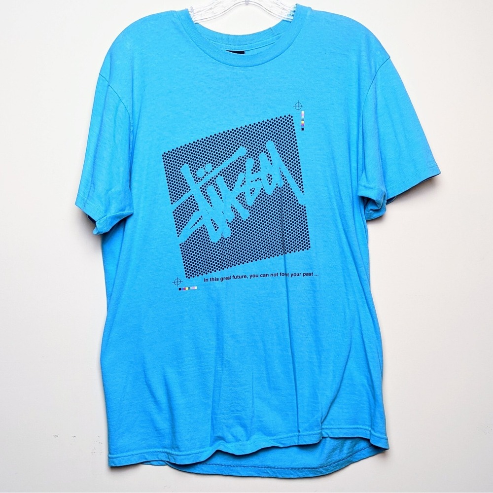 Vintage Stussy Great Future Halftone‎ Screenprint 2000s Y2K Blue T Shirt Medium